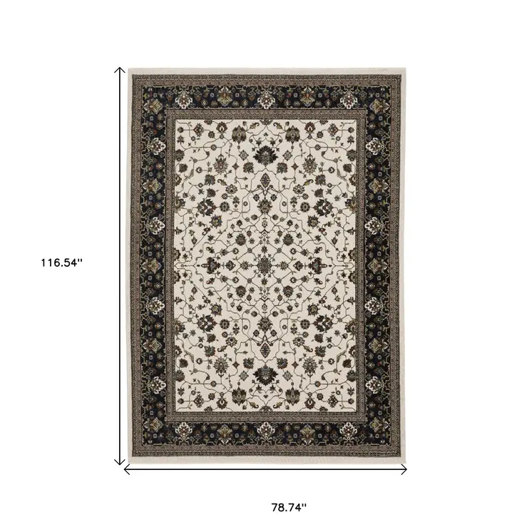 7' X 10' Ivory Oriental Area Rug With Fringe