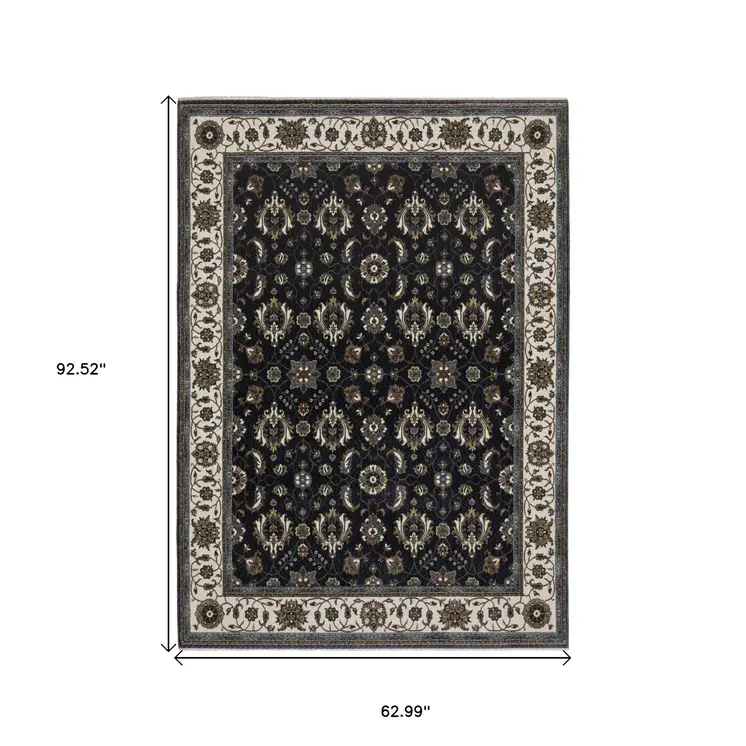 5' X 8' Blue And Ivory Oriental Area Rug With Fringe