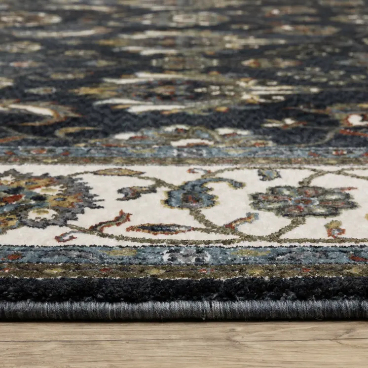 10' X 13' Blue And Ivory Oriental Area Rug With Fringe