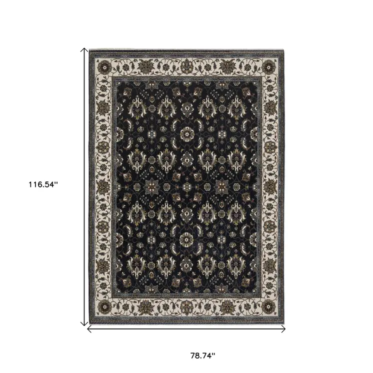 7' X 10' Blue And Ivory Oriental Area Rug With Fringe