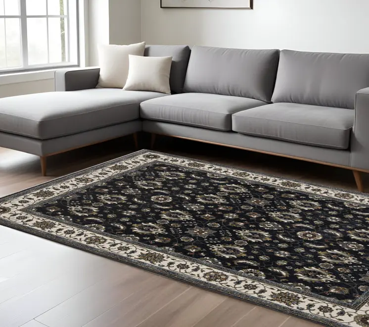 8' X 11' Blue And Ivory Oriental Area Rug With Fringe