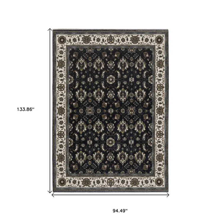 8' X 11' Blue And Ivory Oriental Area Rug With Fringe