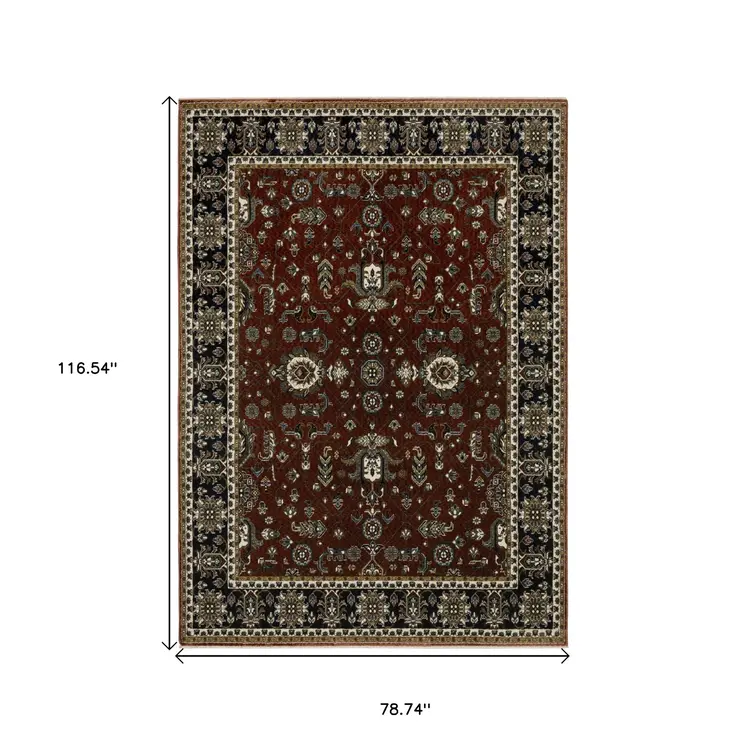 7' X 10' Red Oriental Area Rug With Fringe