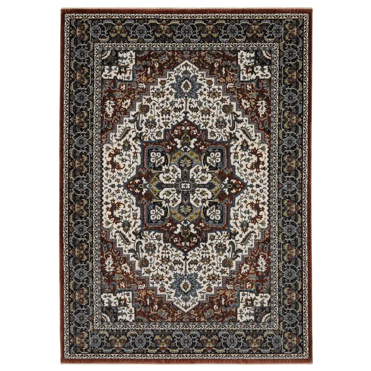 10' X 13' Red Black And White Medallion Area Rug With Fringe