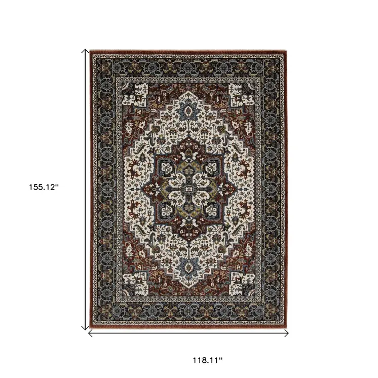 10' X 13' Red Black And White Medallion Area Rug With Fringe