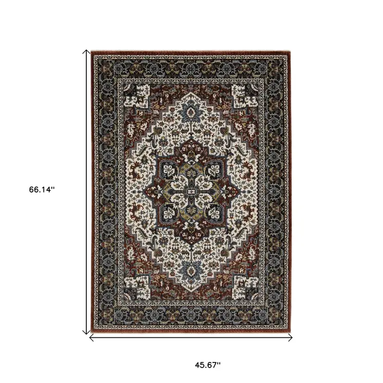 4' X 6' Red Black And White Medallion Area Rug With Fringe