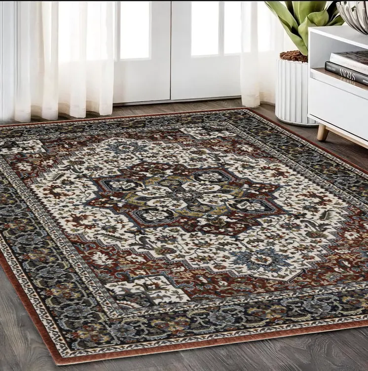 5' X 8' Red Black And White Medallion Area Rug With Fringe