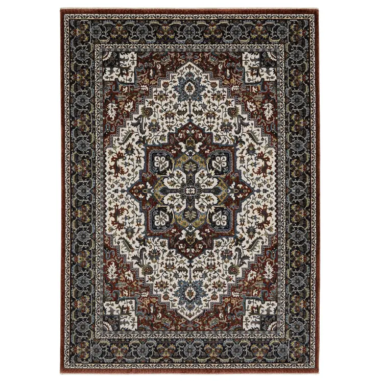 5' X 8' Red Black And White Medallion Area Rug With Fringe