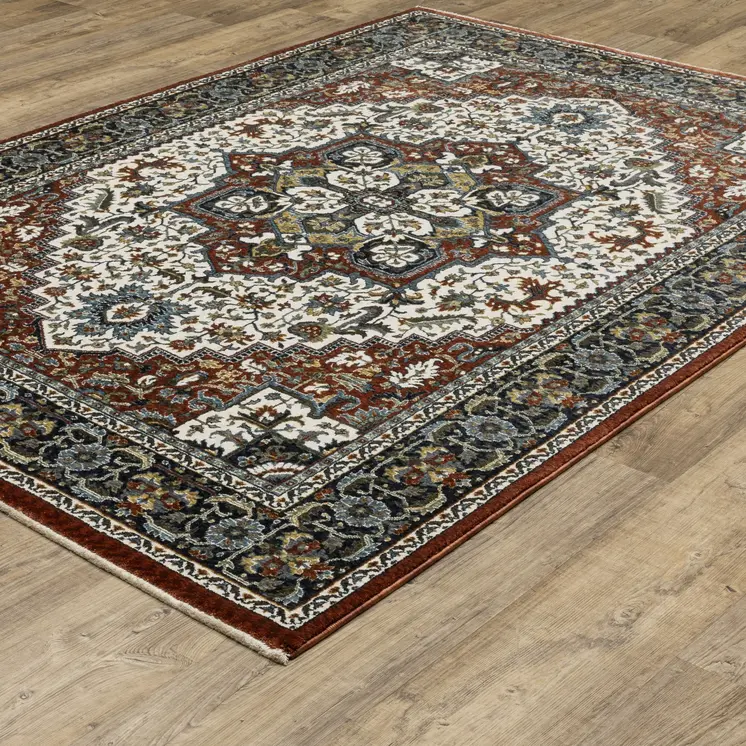 5' X 8' Red Black And White Medallion Area Rug With Fringe