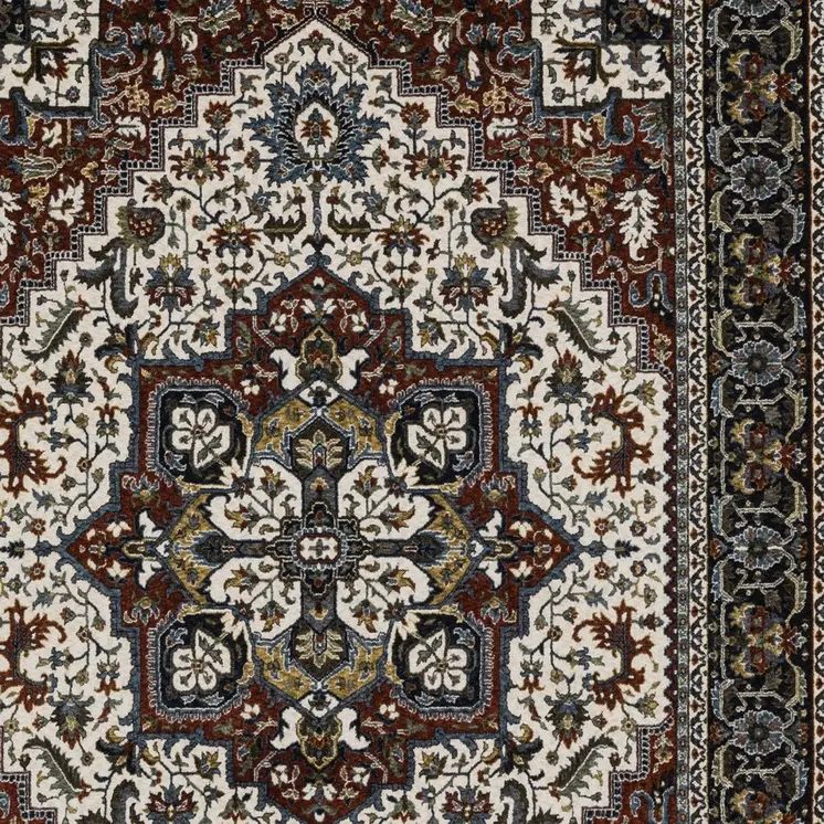 7' X 10' Red Black And White Medallion Area Rug With Fringe