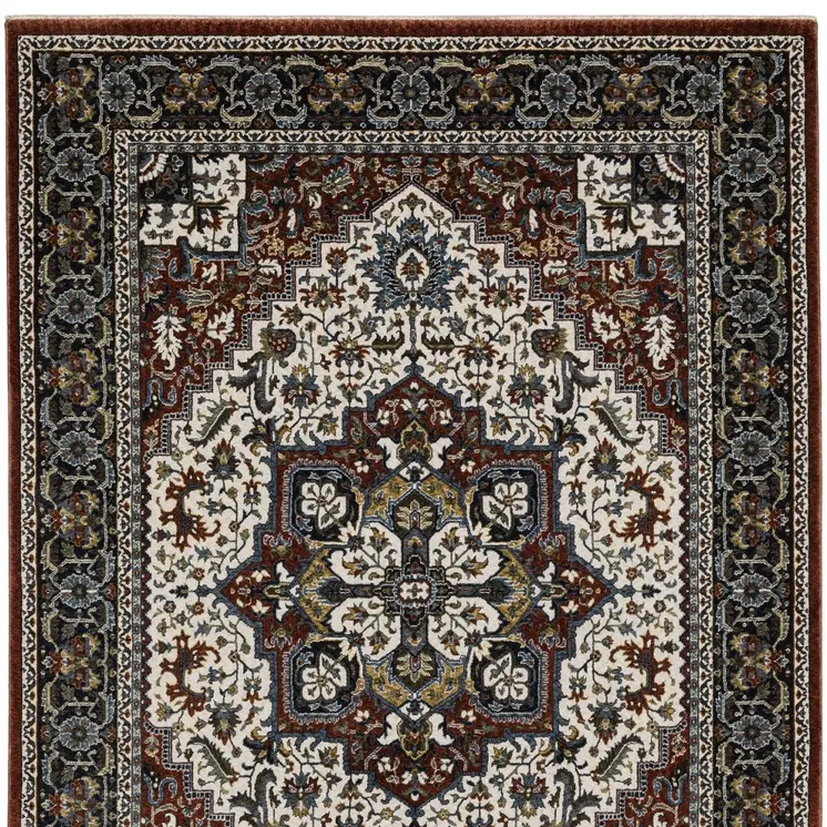 7' X 10' Red Black And White Medallion Area Rug With Fringe
