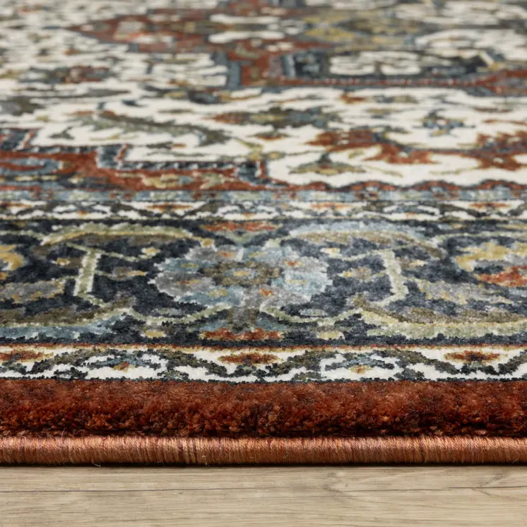 7' X 10' Red Black And White Medallion Area Rug With Fringe