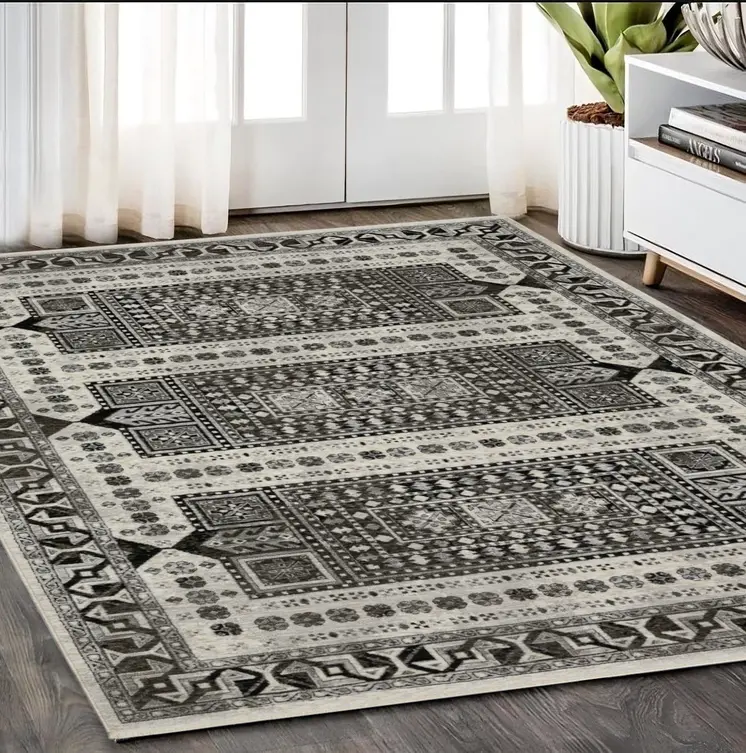 5' X 8' Ivory And Charcoal Oriental Area Rug With Fringe