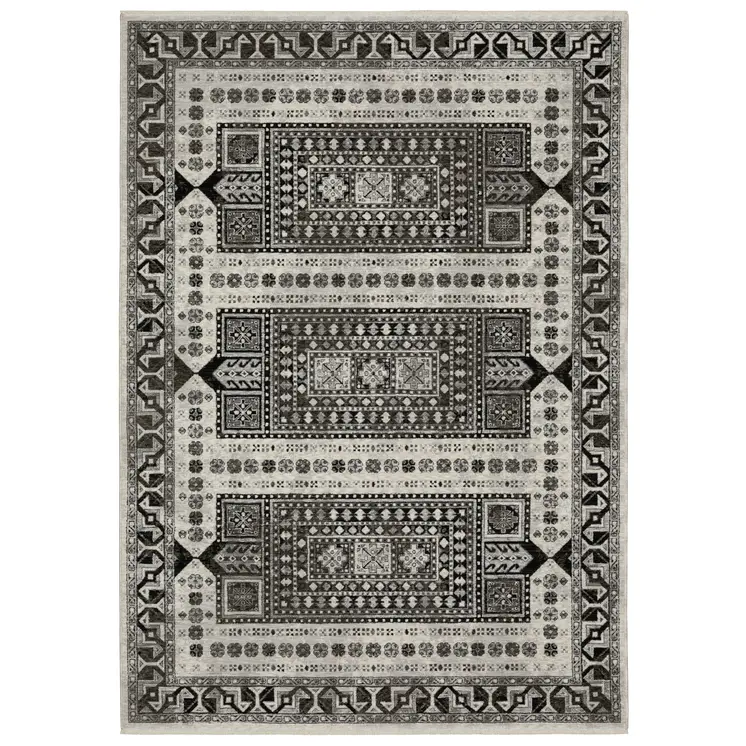 5' X 8' Ivory And Charcoal Oriental Area Rug With Fringe