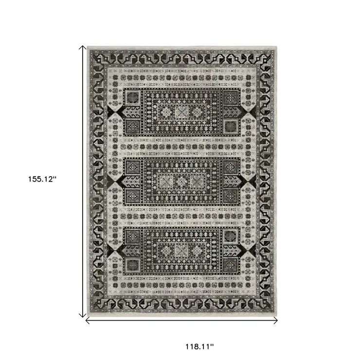 10' X 13' Ivory And Charcoal Oriental Area Rug With Fringe