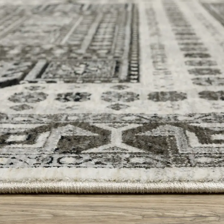 10' X 13' Ivory And Charcoal Oriental Area Rug With Fringe