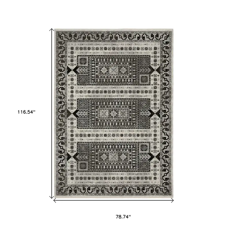 7' X 10' Ivory And Charcoal Oriental Area Rug With Fringe