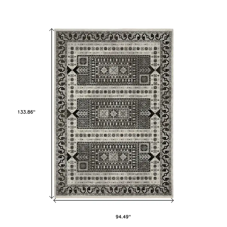 8' X 11' Ivory And Charcoal Oriental Area Rug With Fringe