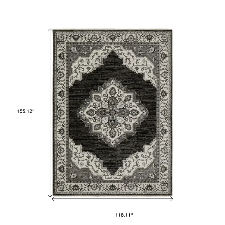 10' X 13' Charcoal And Ivory Medallion Area Rug With Fringe
