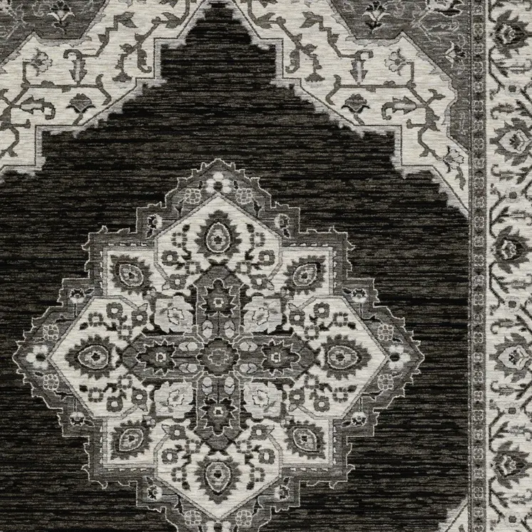 10' X 13' Charcoal And Ivory Medallion Area Rug With Fringe