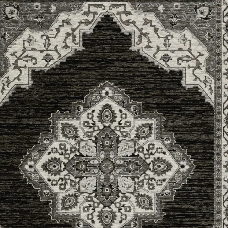 5' X 8' Charcoal And Ivory Medallion Area Rug With Fringe