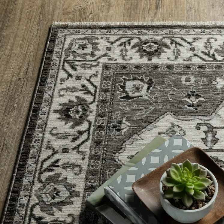 5' X 8' Charcoal And Ivory Medallion Area Rug With Fringe