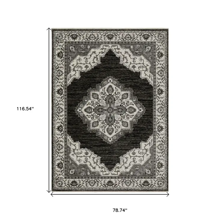 7' X 10' Charcoal And Ivory Medallion Area Rug With Fringe