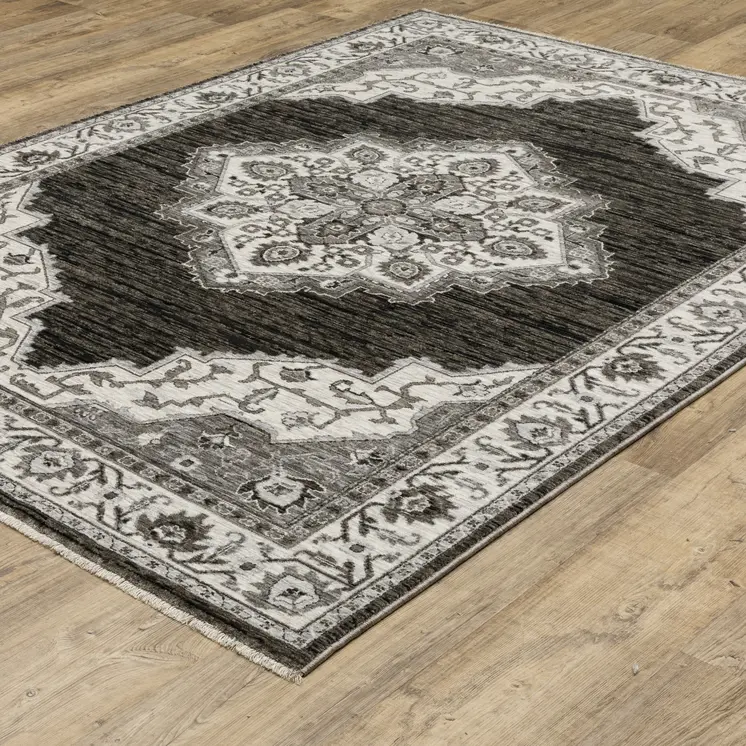 7' X 10' Charcoal And Ivory Medallion Area Rug With Fringe