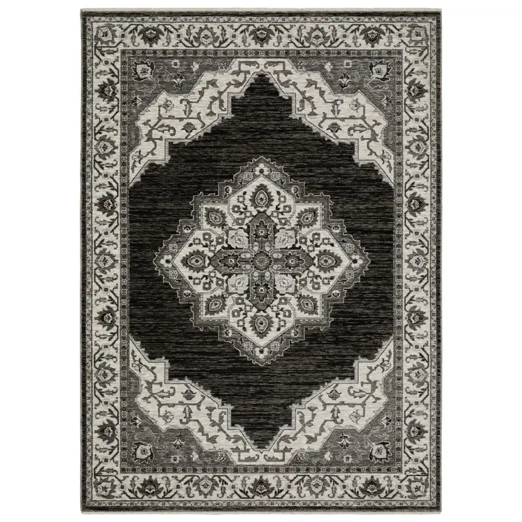 8' X 11' Charcoal And Ivory Medallion Area Rug With Fringe