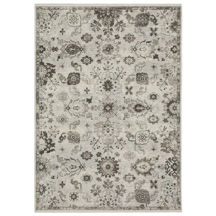 10' X 13' Ivory And Gray Oriental Area Rug With Fringe