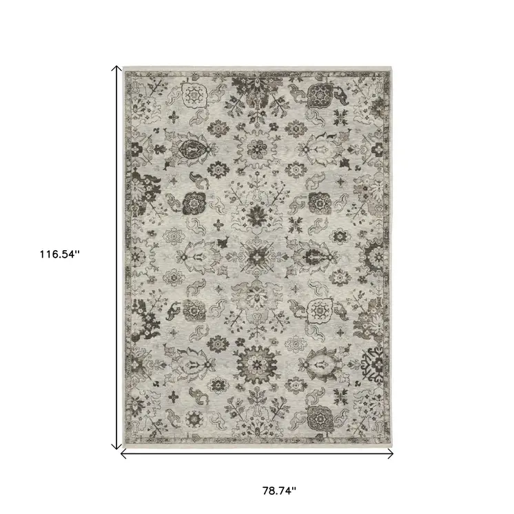 7' X 10' Ivory And Gray Oriental Area Rug With Fringe
