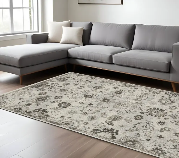 7' X 10' Ivory And Gray Oriental Area Rug With Fringe
