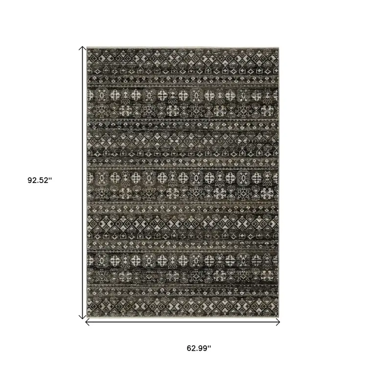 5' X 8' Black And Gray Tribal Area Rug With Fringe