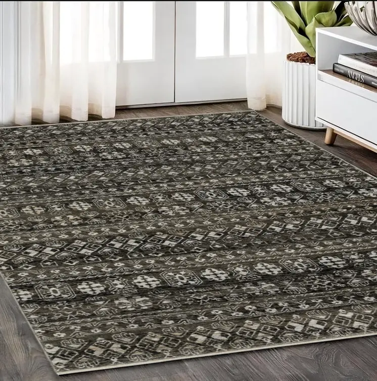 5' X 8' Black And Gray Tribal Area Rug With Fringe