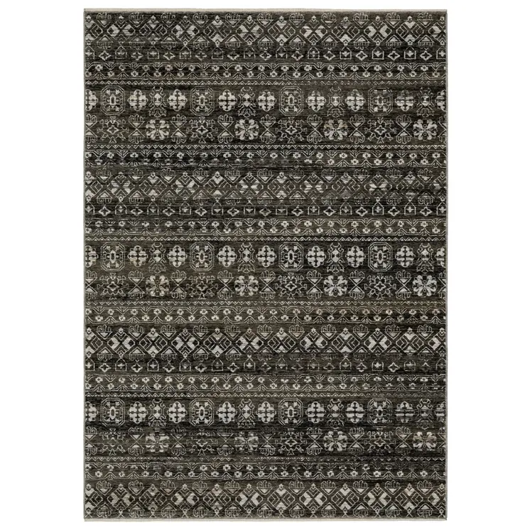 5' X 8' Black And Gray Tribal Area Rug With Fringe