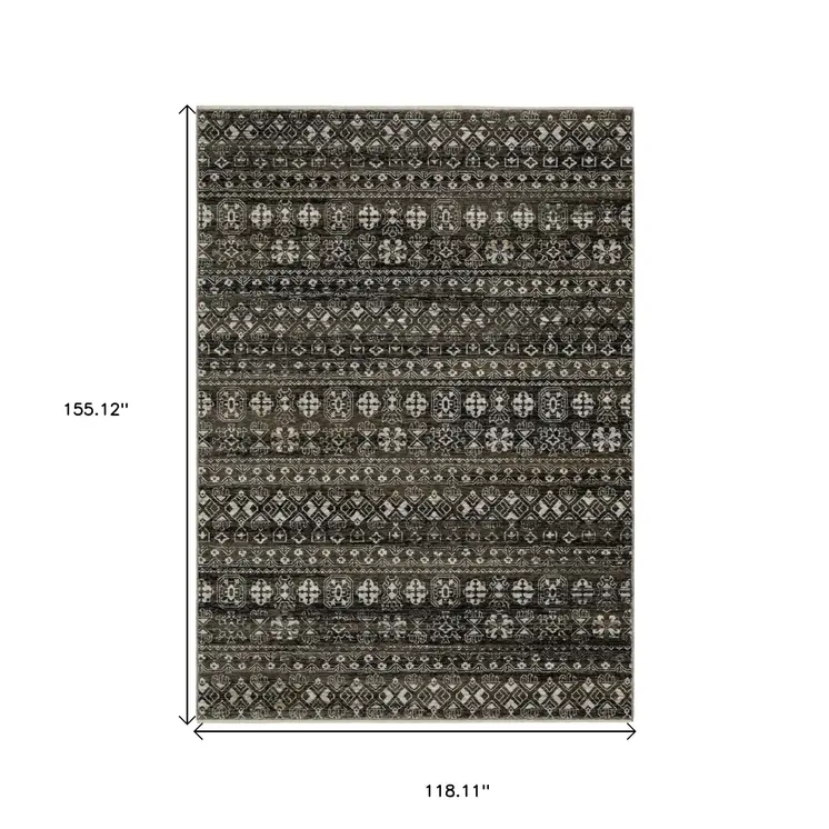 10' X 13' Black And Gray Tribal Area Rug With Fringe