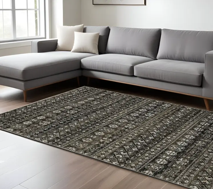 10' X 13' Black And Gray Tribal Area Rug With Fringe