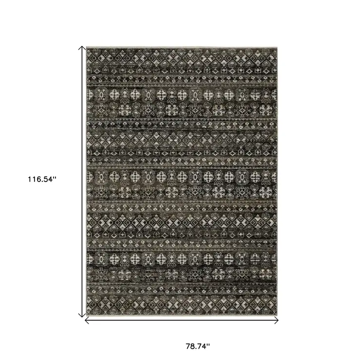 7' X 10' Black And Gray Tribal Area Rug With Fringe