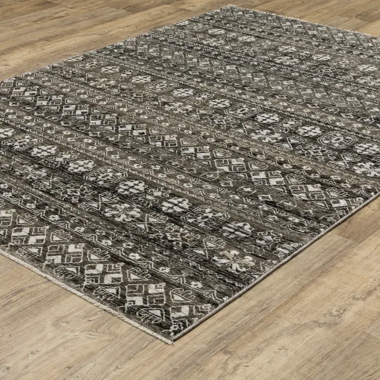 7' X 10' Black And Gray Tribal Area Rug With Fringe