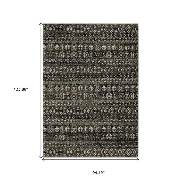 8' X 11' Black And Gray Tribal Area Rug With Fringe