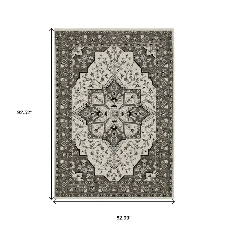 5' X 8' Ivory And Gray Medallion Area Rug With Fringe
