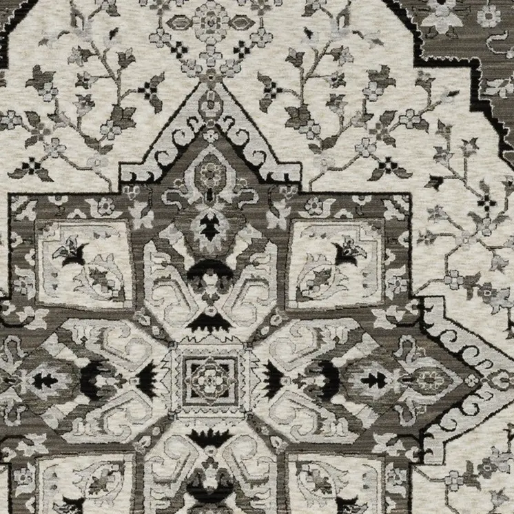 5' X 8' Ivory And Gray Medallion Area Rug With Fringe