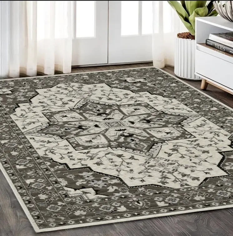 5' X 8' Ivory And Gray Medallion Area Rug With Fringe