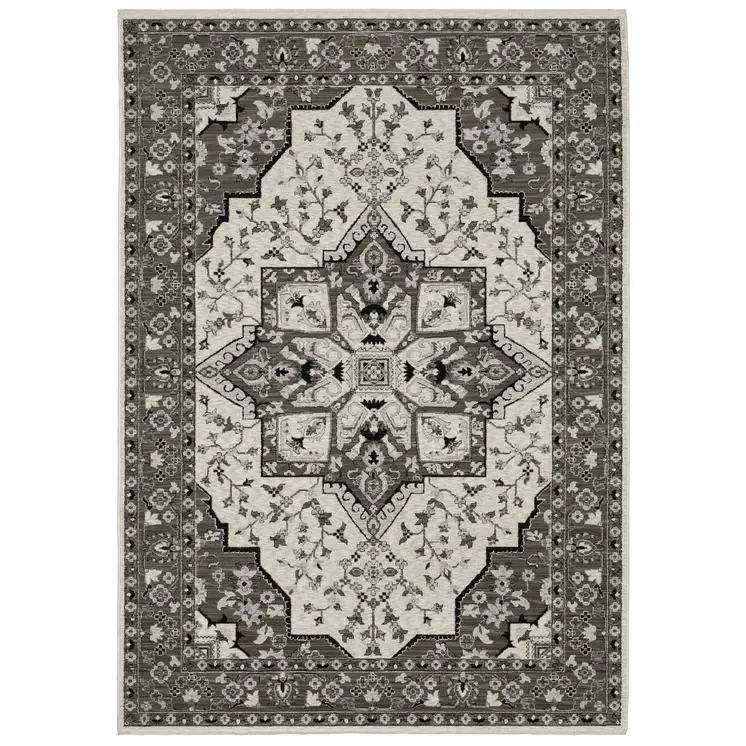 5' X 8' Ivory And Gray Medallion Area Rug With Fringe