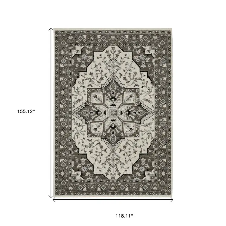 10' X 13' Ivory And Gray Medallion Area Rug With Fringe