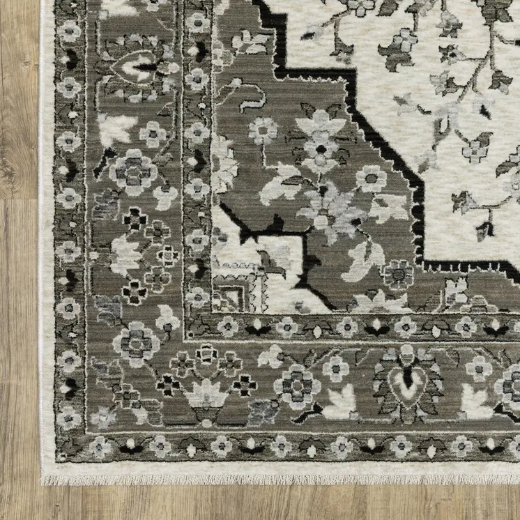 10' X 13' Ivory And Gray Medallion Area Rug With Fringe