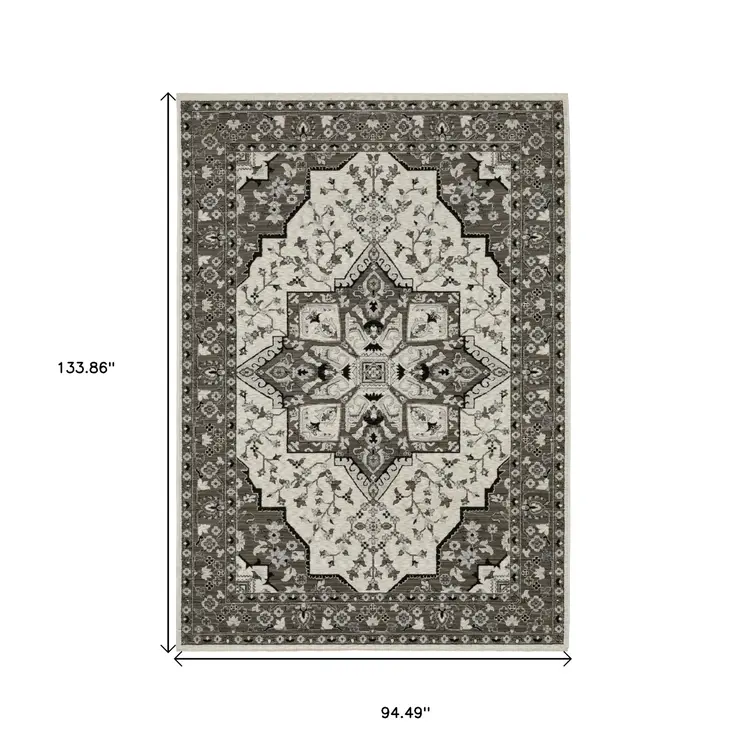 8' X 11' Ivory And Gray Medallion Area Rug With Fringe