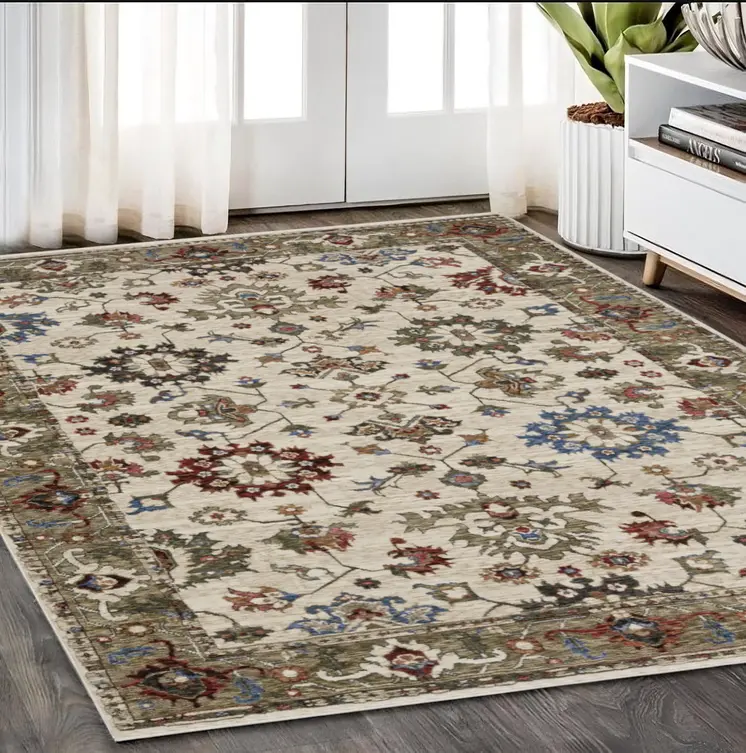 5' X 8' Ivory And Green Oriental Area Rug With Fringe