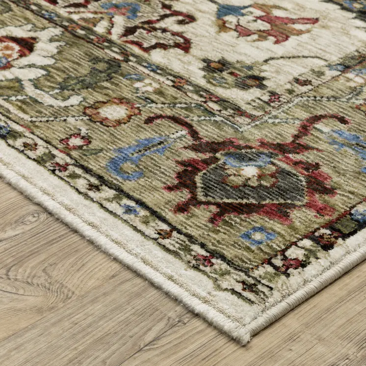 5' X 8' Ivory And Green Oriental Area Rug With Fringe
