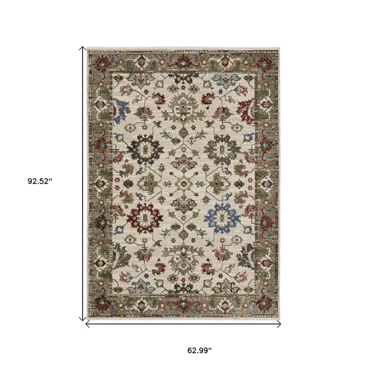 5' X 8' Ivory And Green Oriental Area Rug With Fringe
